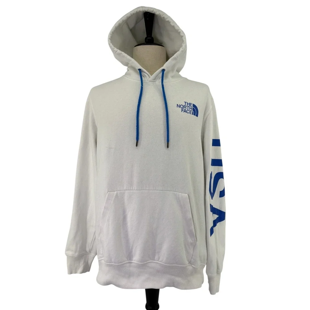 The North Face USA Graphic Hoodie Men's L White Blue Sweatshirt Patriotic